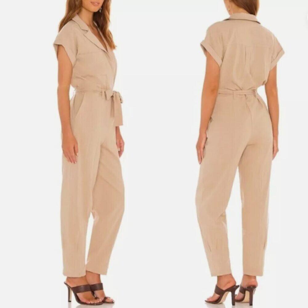 Lovers + Friends Whitney Jumpsuit Tan Linen Blend Utility Cargo Pocket S